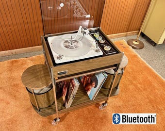 Fully Serviced 1970 Mid-Century "Moderne" Zenith Circle Of Sound Record Player with Speakers, Cart & Bluetooth!