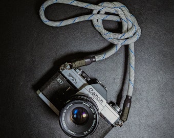 Blanco con cuerda trazadora azul Correa para el cuello de la cámara para cámaras fujifilm, canon, leica, sony, film.