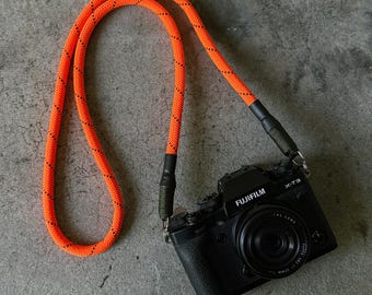 Orange w/ black tracers Camera rope neck strap for fujifilm, canon, leica, nikon sony, film cameras.