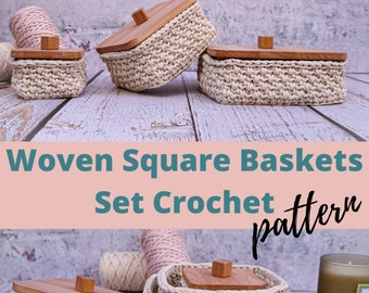 Crochet square basket pattern with crochet instructions for crochet beginner. 3 sizes Crochet bowl pattern, easy DIY  for nesting baskets.