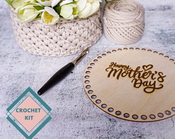 Mother's Day Crochet Round Basket with engraved wooden base Kit, Circle Basket pattern mom gift, DIY Crochet Kit with tshirt yarn