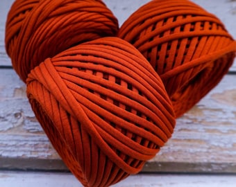 T-shirt yarn, cotton chunky yarn for crochet bags, rugs and baskets. Textile fabric, recycled t-shirt yarn. Burnt orange tshirt yarn