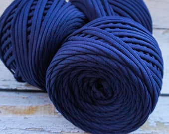 T-shirt yarn strap for mask sewing, cotton chunky yarn for crochet bags, rugs and baskets. Textile fabric, recycled t-shirt yarn. Dark Blue