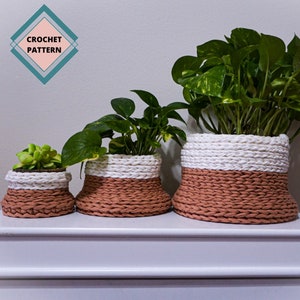 May include: Three crocheted plant pots in different sizes. The pots are made with a white and terracotta yarn. The pots are filled with plants.