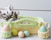 Easter farmhouse rustic basket for Easter decorations with Easter eggs holders. Easter pastel tray, Easter centerpiece for table decor.