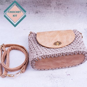 Crochet Small Purse Kit with Leather Bag Base Accessories, Purse Hardware, T-shirt yarn and Crochet Pattern image 2