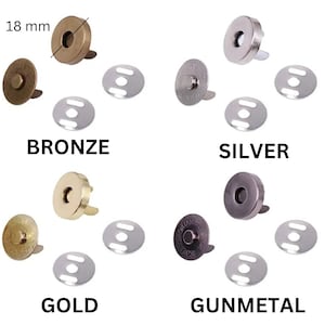 May include: Four sets of magnetic snaps in bronze, silver, gold, and gunmetal. Each set includes two 18 mm snaps with a post and a flat disc.