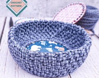 Crochet basket pattern in PDF with crochet instructions. Crochet bowl pattern, easy DIY pattern for beginners from bulky tshirt yarn.
