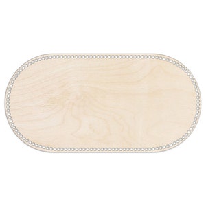 May include: A light brown oval-shaped wooden base with a circle of holes around the edge. The base is made of plywood and has a natural wood grain.