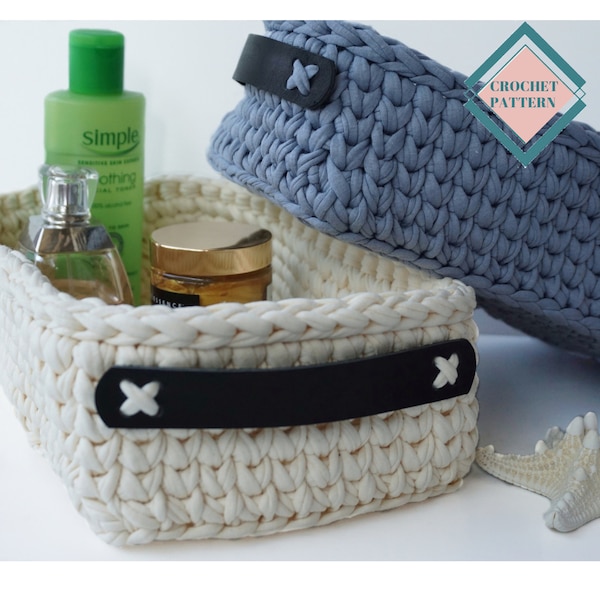 Crochet basket pattern in PDF with crochet instructions. Rectangular Crochet basket pattern, tshirt yarn crochet beginner DYI pattern .