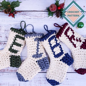May include: Four crocheted Christmas stockings in white, green, blue, and red with a white background. The stockings have a crocheted pattern and are decorated with different coloured stripes. The image includes the text "CROCHET PATTERN".