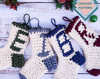 Crochet Christmas stocking pattern in PDF with crochet instructions. Crochet holiday sock personalized, easy DIY pattern for beginner.