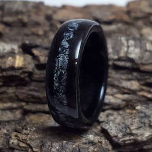 Obsidian Noir: Unique Ebony Wood and Snowflake Obsidian stone inlay wedding ring, Gothic ring, Black Ring, Witchy ring