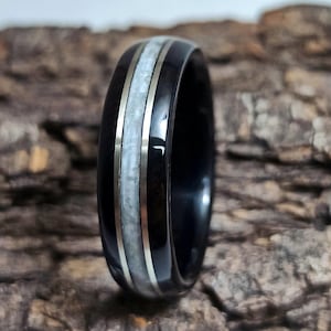Handmade Ebony Wood Ring with Moonstone & Silver Inlay - Unique Selenophile Jewelry, Witchy Wedding Band, Artisan Moon Ring, Gothic Band