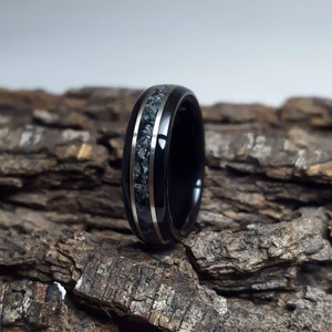 Midnight Frost: Handcrafted Ebony Wood ring with Snowflake Obsidian and Silver Inlays - Nature Inspired ring for Men and Women, Unique Gift