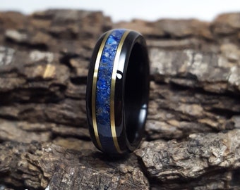 Blue Twilight: Handcrafted Ebony Wood & Lapis Lazuli Wedding Band with Brass Inlay, Perfect for Weddings or Special Nature Inspired Gifts
