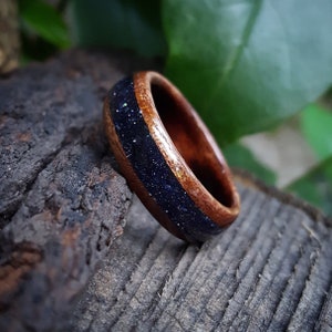 Celestial Elegance: Wooden Wedding Band with Blue Goldstone Center - Handcrafted Symbol of Cosmic Love, For Him And Her