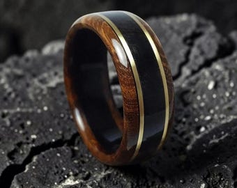 Anillo de madera de ébano hecho a mano / Alianza de boda para hombre / Incrustaciones de bronce, regalo para él