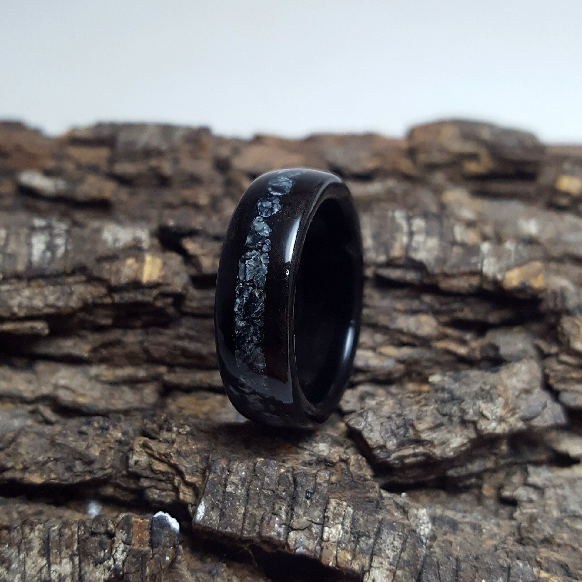 Handmade Ebony Ring | Snowflake Obsidian Inlay | Couples Ring