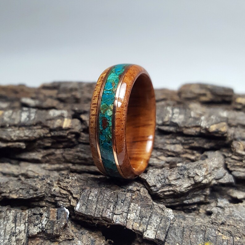Eilat stone wood ring with copper inlays raw stone ring mens | Etsy