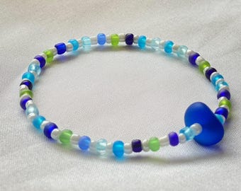 Deep Blue Sea Glass Stretch Bracelet – Czech Glass Beads, Milestone Gift