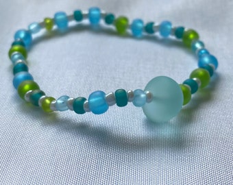 Sea Glass Stretch Bracelet: Blue, Green, & Purple Beaded Jewelry