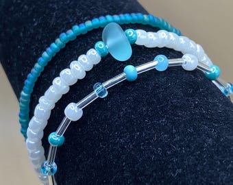 Sea Glass Bracelet Stack: Teal & Seafoam Beaded Stretch Bracelets