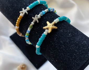 Starfish Charm Bracelet | Czech Glass Beads, Faux Pearls, Gold Silver Toned Charms
