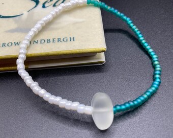 Sea Glass Bracelet – Teal Czech Beads, White Pearls