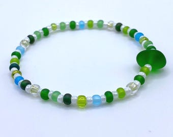 Sea Glass Beaded Stretch Bracelet – Czech Glass Beads, Milestone Gift