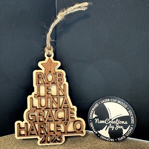 Christmas Tree Ornament with family names book names TV shows Movies - Wood