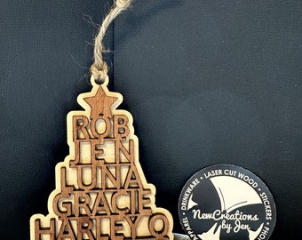 Christmas Tree Ornament with family names book names TV shows Movies - Wood