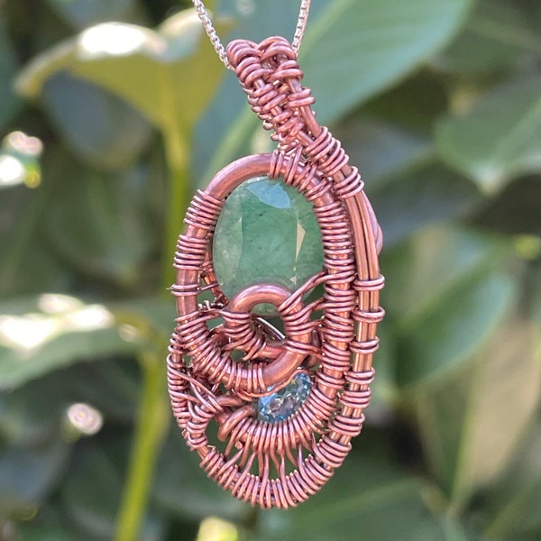 Emerald and Topaz Wire Wrapped Pendant // Solid 999 Copper Wirewrap // Copper Emerald Wirewrap Necklace