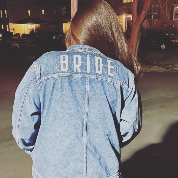 Preloved Pearl and Denim Bride Jacket oversized Size LARGE Engagement Gift Denim Jacket Nash Bash Jean Jacket Bridal Bachelorette Bach Party