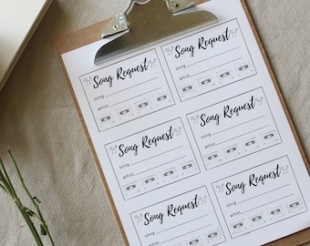 Formularios de solicitud de canciones imprimibles digitales Etiquetas para recepción de boda Elija una canción Canciones de baile para boda Solicitud de canción Artista Álbum Música de concierto