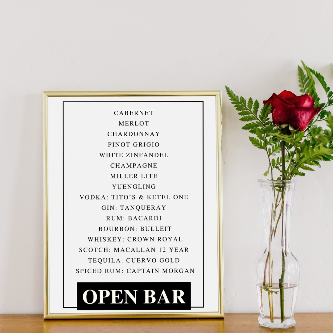 DIGITAL Wedding Bar Open Bar Menu Sign for Download PDF Wine Etsy