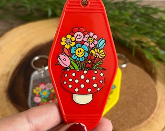 Mushroom Floral Flowers Smile Keychain Fairy Witch Cute Toadstool Motel Keychain Red Yellow Garden Car Tag Accessories