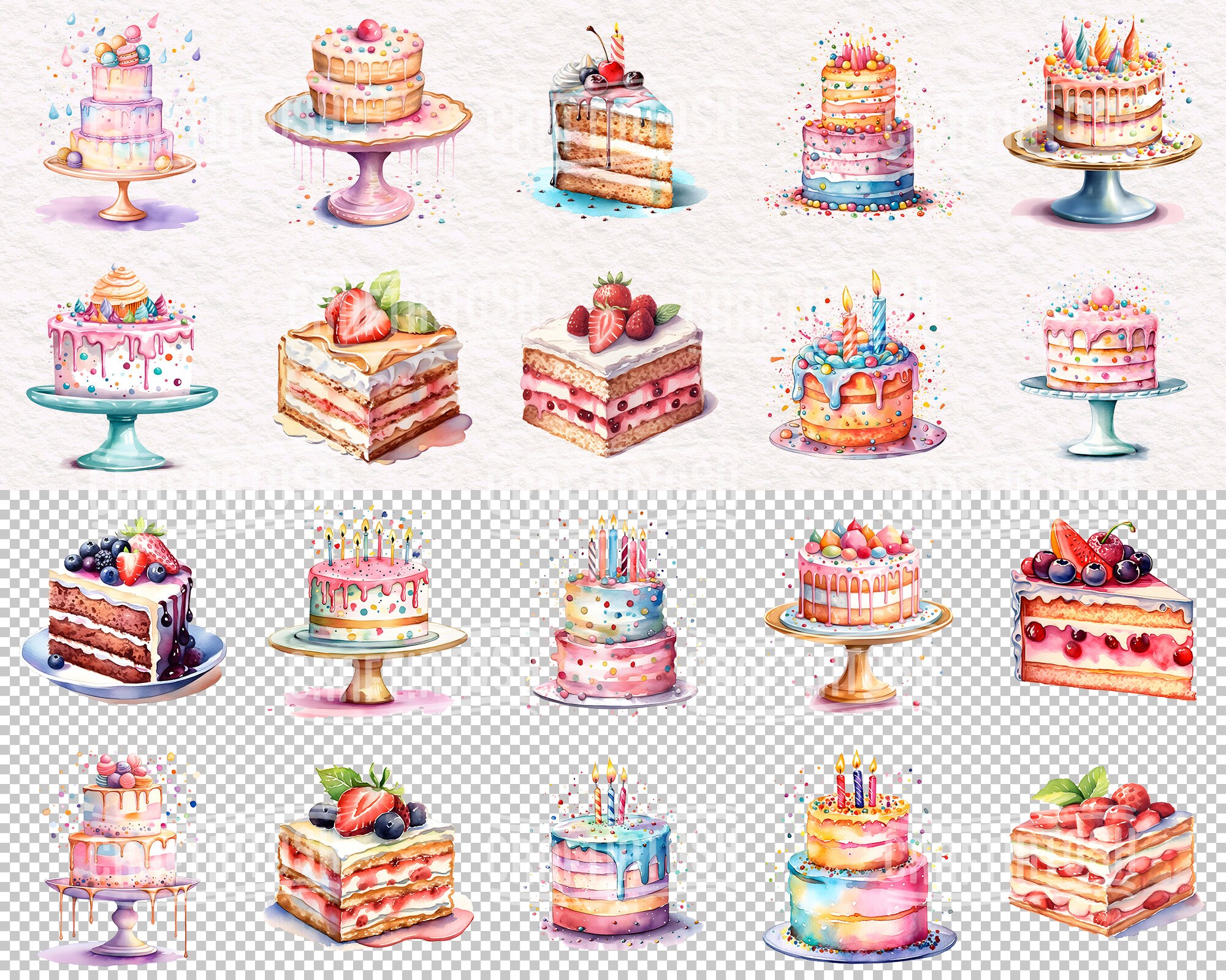 Watercolor Birthday Cake Clipart PNG Set Digital Graphics Instant ...