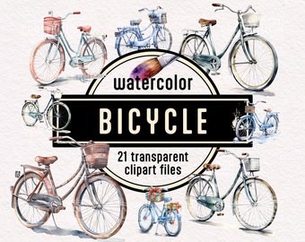 Watercolor Bicycle Clipart pack: transparent floral bicycle PNG Blue Green Spring Summer Retro bicycle party Instant download Commercial use