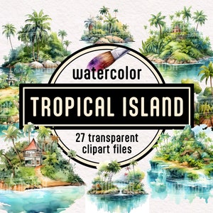 Clipart aquarel weelderige tropische eiland: png-palm palmbomen privé-eiland retraite fantasiewereld verdwaald in het paradijs jungle-eiland digitale download