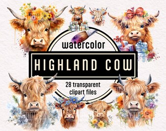 Baby Highland Cow Watercolor Clipart Set - 28 Transparent PNG Boho Baby Highland Cow Floral Cow Head Clipart Baby Animals Nursery Art