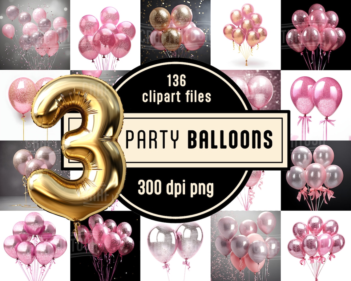 Pink Party Balloons Clipart Pack - 136 PNG Digital Graphics Instant ...