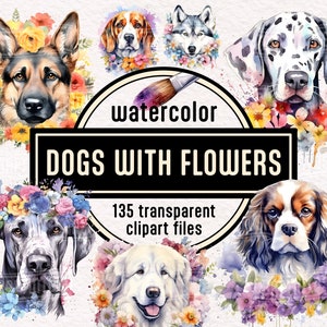 Acuarela Floral Perro PNG Clipart - Perros con coronas de flores Corona de flores Retrato de perro de boda Fiesta de cachorros Descarga instantánea Uso comercial