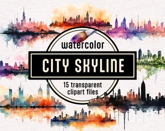 Watercolor City Skyline Clipart - Cityscape Skyline Urban silhouette transparent PNG Vibrant wall art digital download Commercial use