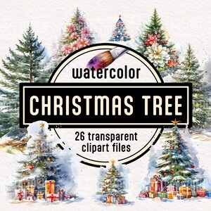 Watercolor Christmas Tree Clipart: Fir tree PNG Christmas baubles Winter holiday card making High resolution Digital download Commercial use