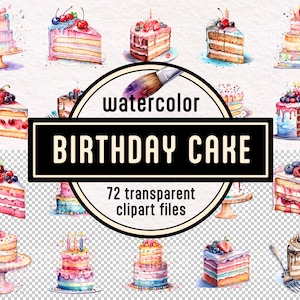 Watercolor Birthday Cake Clipart PNG Set - digital graphics instant download commercial use high resolution printable baking sweets dessert