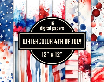 Fourth of July Independence Day Watercolor Digital Papers Art Set - digital graphics instant download commercial use printable watercolor