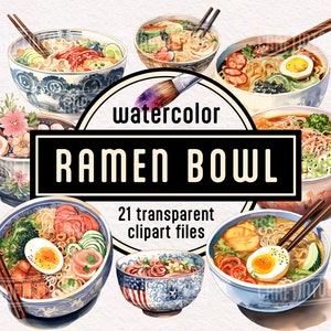 Tazón de ramen de acuarela Clipart - clipart de comida tradicional transparente PNG Descarga instantánea Uso comercial