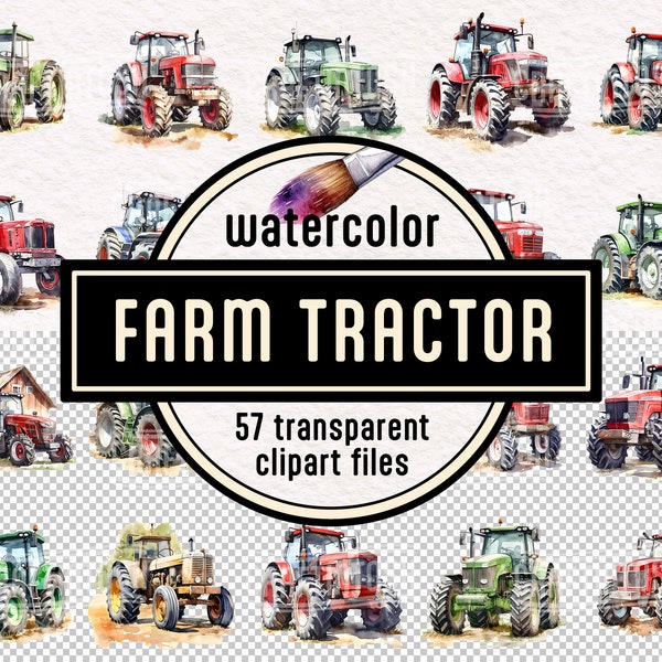 Watercolor Red Yellow Green Tractor Clipart PNG Set - digital graphics instant download commercial use high resolution printable farm life