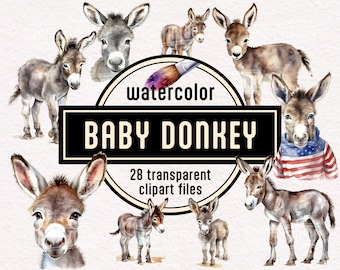 Watercolor Baby Donkey Clipart - transparent cute donkey PNG Instant download Commercial use Donkey print Donkey nursery Clipart bundle